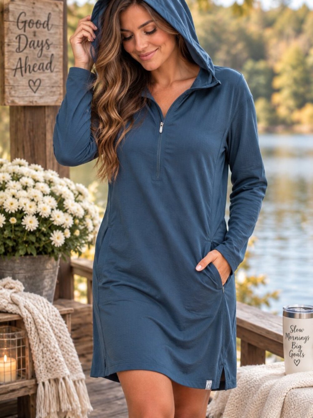 L.L.Bean Blue Hooded Sun Dress Small 1/4 Zip UPF 50+ Active Outdoor